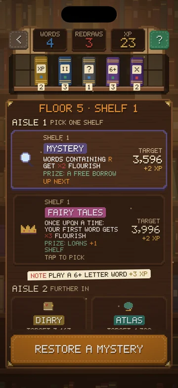 The Scrambled Library gameplay screen: Floor 5: pick a shelf in each aisle