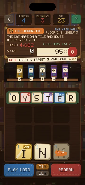 The Scrambled Library gameplay screen: The Library Cat's shelf: OYSTER