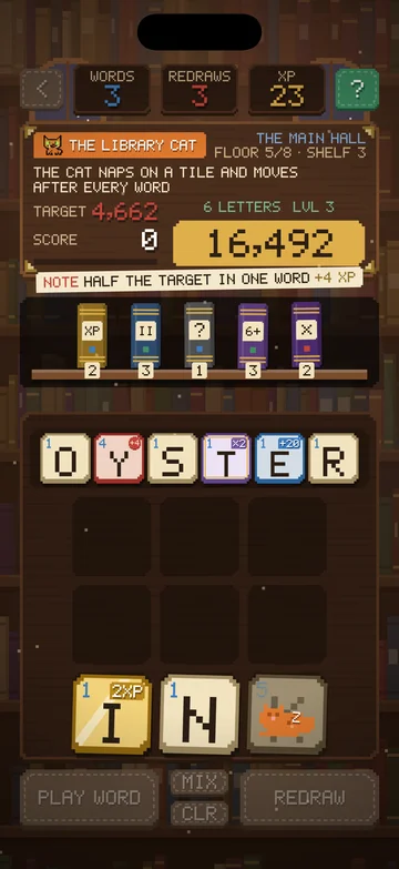 The Scrambled Library gameplay screen: A 16,492-point word