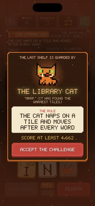 The Scrambled Library gameplay screen: The Library Cat guards floor 5