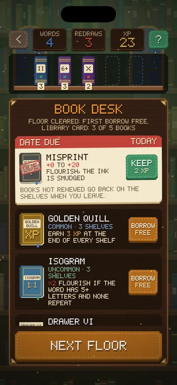The Scrambled Library gameplay screen: Borrowing at the Book Desk