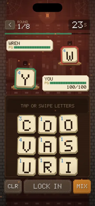 The Scrambled Library gameplay screen: Word Battle against Wren