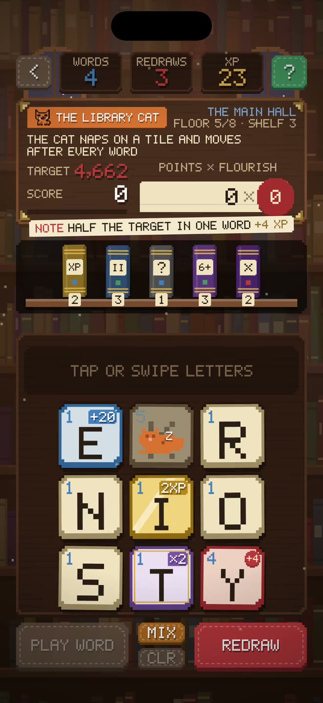 The Scrambled Library gameplay recording: The Library Cat's shelf: OYSTER in one swipe